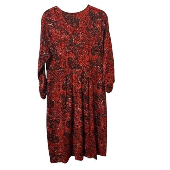 J JILL Stretch Tall SZ L Red Orange Paisley Wrap Front V‎ Neck Long Sleeve Dress - Picture 2 of 4